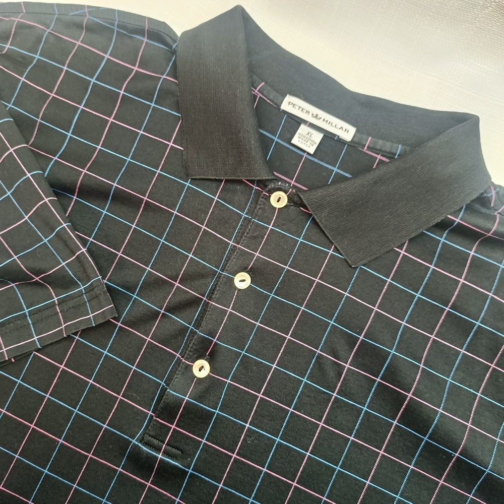 Peter Millar Men's XL Black Grid Plaid Short Sleeve Cotton Polo Shirt Golf